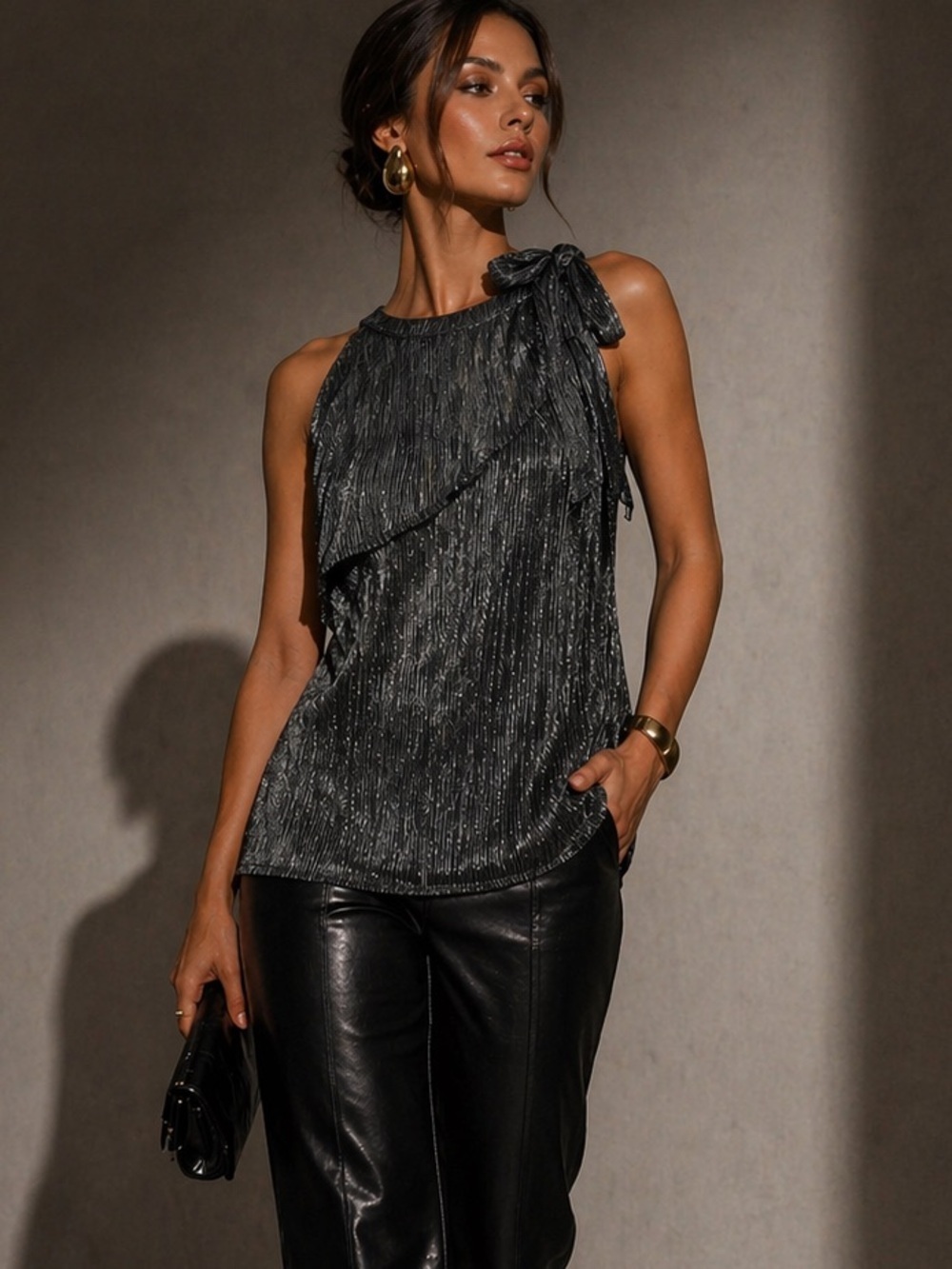 Nine West XL Metallic Black Silver Ruffle Tie Neck Blouse